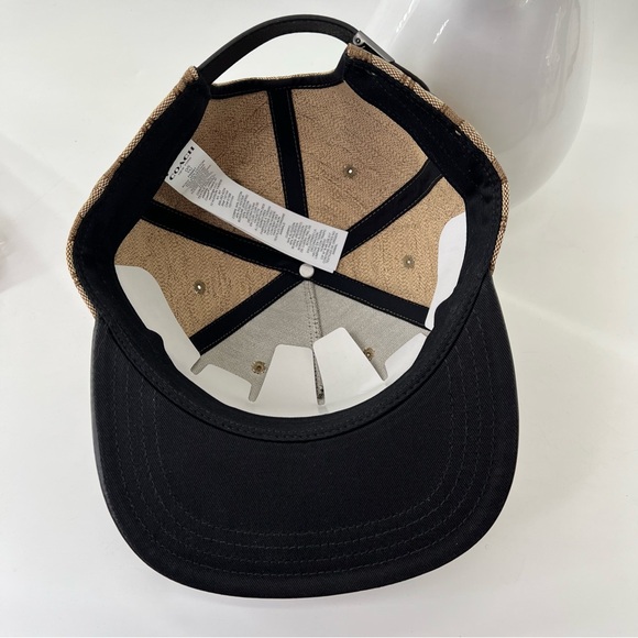 COACH Signature Flat Brim Hat Khaki Leather Cotton Black NWOT - Picture 7 of 10